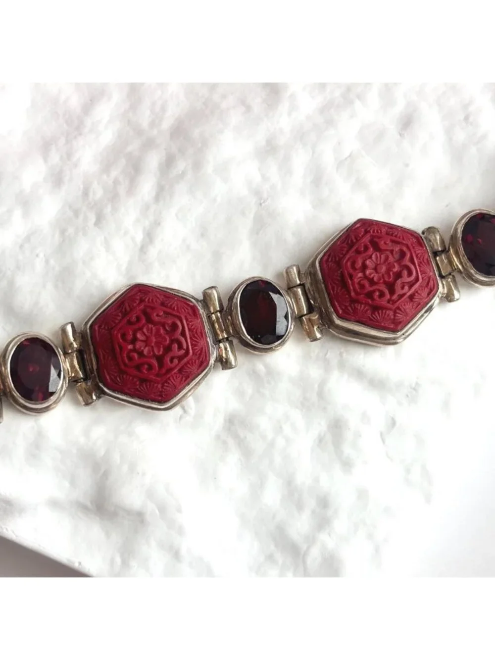 Cinnabar Hand Carved Sterling Silver Octagon Vintage Chainlink 925 Bracelet